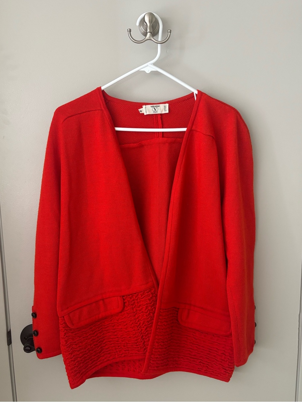 Vintage Valentino Studio Red Wool Mohair Open Front Knit Cardigan Jacket Size 12